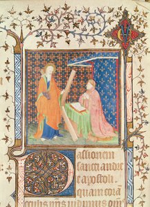 Ms 35 fol.17v Jean de France (1340-1416) Duc de Berry ber foran St. Andrew, fra Lectionary of Sainte-Chapelle de Bourges, ca. 1404-10 av French School