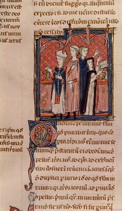 Ms 372 fol.59v En nonne som avlegger sine løfter og messe utført av en biskop, fra Decrets de Gratien (se 181276 for detaljer) av French School