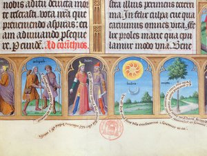 Ms 412 Time Book med illustrasjoner av pilegrimer, jøder. sol, måne og myrt av French School