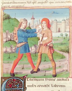 Ms 493 f.17 En utveksling av gaver, fra The Eclogues av Virgil (70-19BC) med en kommentar av Servius, 1469 av French School