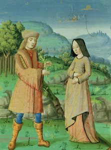Ms 493 fol.123v Møte mellom Aeneas og Anne, søsteren til Dido, fra The Aeneid med kommentarer av Servius, 1469 av French School