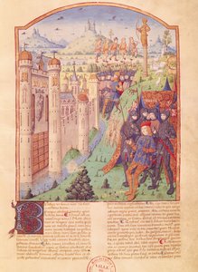 Ms 493 fol.1r The Works of Virgil med kommentar av Servius, The Bucolics, Kongen sitter på sin trone omgitt av vaktene sine foran en befestet by, Frankrike, 1469 av French School