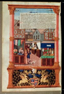 Ms 5062 fol.149v En gate med butikker og våpenskjoldet til Robert Stuart, Marshall of dAubigny Lucrece, fra Livre de Gouvernement des Princes av Gilles de Rome av French School
