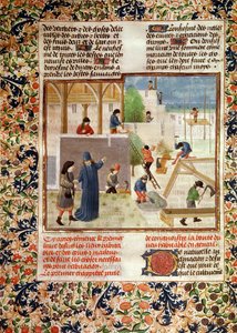 Ms 5064 fol.2v Bygging av et hus, fra Livre des Prouffitz Champestres av Pietro de Crescenzi (1230-132021) av French School