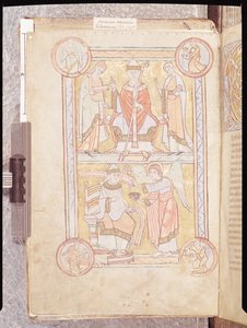 Ms 512 fol.4v St. Gregory the Great (ca. 540-604) mellom hans far, Gordien, og hans mor, Silvia og en druknet mann som en engel, fra Liber Pastoralis av French School
