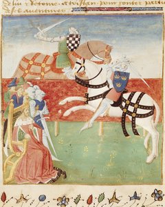 Ms 527 fol.40v Konfrontasjon av to riddere før kongen, fra Roman du Saint Graal av French School