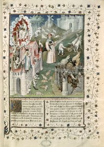 Ms 55 t.2 fol.3 Guds by, byen Caen og lastenes by, fra La Cite de Dieu av St. Augustin av Hippo (354-430) oversatt av Raoul de Preles (1316-82) av French School
