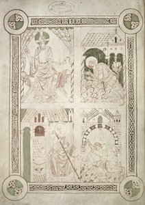 Ms 616 f.1v St. Augustine ved Kristi føtter og den skriftlærde Alardus tilbyr sin bok til St. Vaast, frontispice til Confessions av St. Augustine av French School