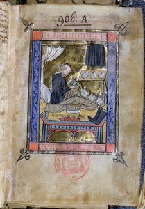 Ms 753 Fol.9 Munk skriver i sengen sin, fra Flores Bernardi av Guillaume de Tournai av French School