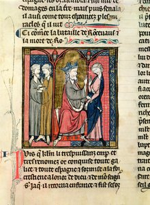 Ms 782 f.152r Charlemagne (742-814) sender Ganelon til Saragossan Kings, Marsile og Baligant, fra Chroniques de Saint-Denis, ca. 1275 av French School