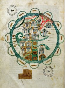 Ms 782 fol.16v. Kart over verden i form av en globus, miniatyr fra Grandes Chroniques de Philippe le Hardi