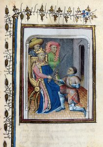 Ms 814 Charles V (1338-80) returnerer Høykonstabelens sverd til Bertrand du Guesclin (ca. 1320-80) fra Histoire de Du Guesclin etter diktet av Cuvelier, tidlig på 1400-tallet av French School