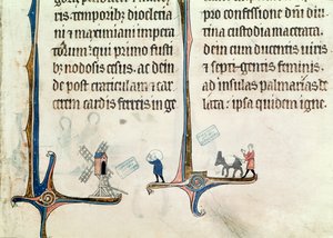 Ms 838 fol.55 En mann som kjører eselet sitt med hveteposer til en vindmølle, fra Obituaire de Notre Dame de Pres, etter 1270 av French School