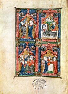 Ms 87 fol.16 Bebudelsen, fødselen, tilbedelsen av magiene og renselsen, fra timene til Mahaut dArtois av French School