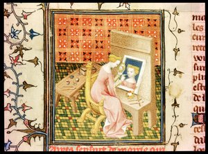 Ms Fr 124220 fol.101v St. Marcia (d.632) Painting a Self Portrait, fra De Claris Mulieribus, fra , av Giovanni Boccaccio (1313-75) av French School