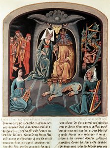 Ms Fr. 143 f.136v Hades og Persefone sittende i underverdenen på en trone formet som et ørnehode med Kerberus foran seg (vellum) av French School