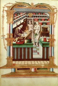Fr 1537 Christ the Pharmacist med Adam og Eva, fra Chants royaux sur la Conception Couronnee du Puy de Rouen av French School
