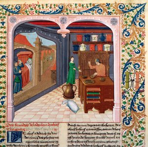 Fr 218 fol.111 En pasient i sengen og et apotek som forbereder medisin, fra Le Livre des Proprietes des Choses av Barthelemy lAnglais av French School