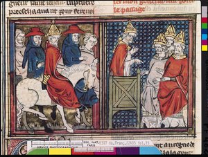 Fr 22495 Fol.15 Konsilet i Clermont og ankomsten til pave Urban II (ca. 1035-99) i Frankrike, fra Le Roman de Godefroi de Bouillon, 1337 av French School