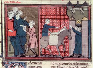 Fr 22495 Fol.37v En budbringer blir sendt for å redde Antiokia, fra Le Roman de Godefroi de Bouillon, 1337 av French School