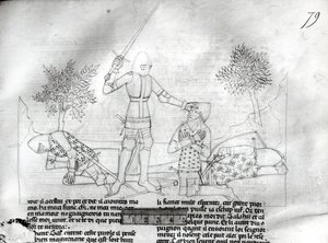 Fr 343 f.79 Bevæpning av en ridder på en slagmark, fra Lancelot du Lac av French School