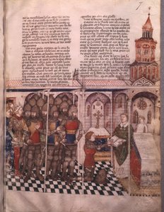 Fr 343 fol. 7 Jakten på den hellige gral og Arthurs død, ridder avlegger ed av French School