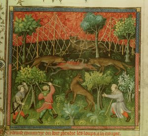 Fr 616 fol.111 Ulvejakt ved hjelp av garn, fra Livre de la Chasse av Gaston Phebus de Foix (1331-91) av French School