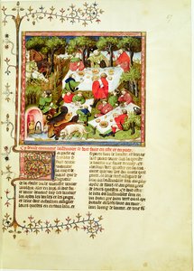 Fr 616 fol.67 Jegere som fester før hjortejakten, fra Livre de la Chasse av Gaston Phebus de Foix (1331-1391) av French School
