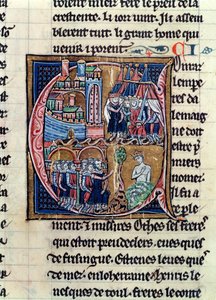 Fr 9081 fol.206 Historikert initial C som viser Conrad III (1137-52) keiser av Tyskland og Ludvig VII (1120-80) konge av Frankrike, beleiret Damaskus i 1148, fra Histoire de Jerusalem av William av av French School