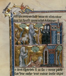 Fr 95 f.4v Eremitt og udyr, fra lHistoire du Saint Graal, ca. 1280-90 av French School