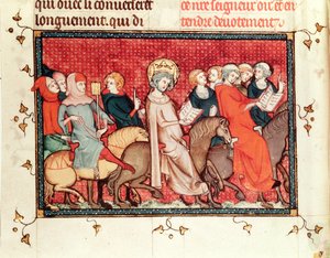 Fr. fol.48 Kongen dikterer timene mens han rir, fra Life and Miracles of St. Louis, ca. 1330-40 av French School