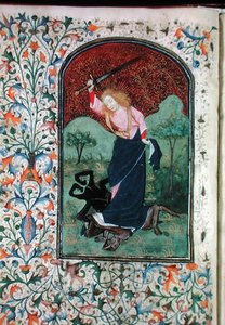 Ms Gen 288 f.84v Wrestling with a beast, c.1460 (vellum) av French School