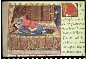 Fru Hunter 252 f.12r En nattscene, fra «De hundre nye historiene» av French School
