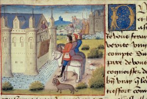 Ms Hunter 252 f.169v Moat rundt en by, fra Les Cent Nouvelles Nouvelles, 1462 av French School