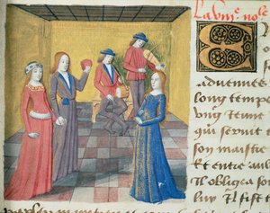 Ms Hunter 252 f.19r Musikk og frieri, fra Les Cent Nouvelles Nouvelles, 1462 av French School