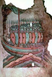 Ms Lat 1390 fol.7 normanniske soldater som krysser den engelske kanalen, fra La Vie de Saint Aubin dAngers av French School