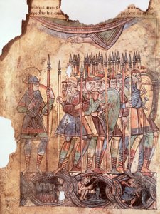 Ms Lat 1390 fol.7v Foot Soldiers in the Crusades, fra La Vie de Saint Aubin dAngers av French School