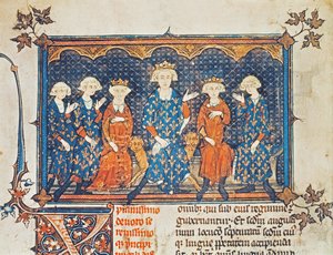 Ms Lat 8504 f.1v Philip IV (1268-1314) av Frankrike med sine fire barn og bror Charles av Valois av French School