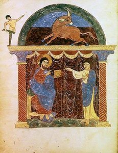Ms Lat 8878 fol.3v Jesus presenterer evangeliet til St. Lukas, fra en kommentar til apokalypsen av den asturiske munken Beatus av Liebana (ca. 776) ca. 1028-72 (vellum) av French School