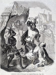 Mordet på hertugen av Burgund (Jean sans peur) på broen av Montereau i 1419 - i "Histoire de France" av L.-P. Anquetil av French School