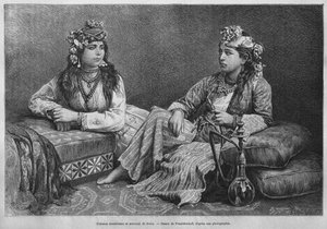 Muslimske kvinner i Sidon, fra Syria i dag. Reiser i Fønikia, Libanon og Judea. 1875-1880 av Louis Charles Emile Lortet, 1884 (bw gravering) av French School