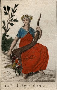 Myte om menneskehetens tidsalder: representasjon av gullalderen, som en ung jomfru med perfekt skjønnhet, kronet med blomster og som holder et horn av overflod (Golden Age skildrer som en ung og pen kvinne, som holder et overflødighetshorn og kronet med bl av French School
