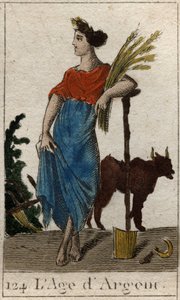 Myth of the Ages of Humanity: representasjon av sølvalderen, som en ung kvinne som holder en hvetekrans nær en plog og en serpe. (Silver Age avbildet som en ung kvinne, som holder en skurve og står ved en plog og en krok). Fra "Mythology of Youth" b av French School