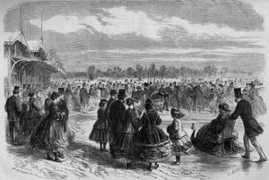 Napoleon III (1808-1873) og keiserinne Eugenie de Montijo (1826-1920) ved skaterklubben Bois de Boulogne i Paris. Gravering i ""Le Monde Illustre"" nr. 511 av 26. januar 1867. av French School