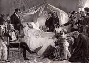 Napoleon I på dødsleiet på St. Helena, 5. mai 1821, etter et maleri av Charles de Steuben av French School