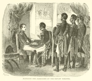 Napoleon og Alexander ved Erfurt Theatre (gravering) av French School