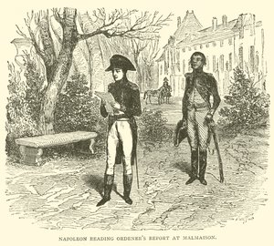 Napoleon leser ordeners rapport ved Malmaison (gravering) av French School