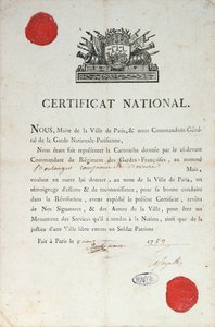 Nasjonalt sertifikat for god oppførsel under den franske revolusjonen, 8. august 1789 i Paris av French School