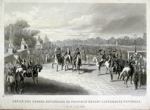 Nasjonalgardens soldater beskytter nasjonalforsamlingen i Paris. Gravering under den franske revolusjonen i 1848 (gravering) av French School