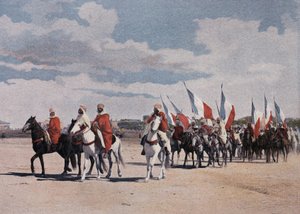 Native Spahis going to a fantasy in great pomp, deployed banners - in “” Military Album” - Spahis av French School